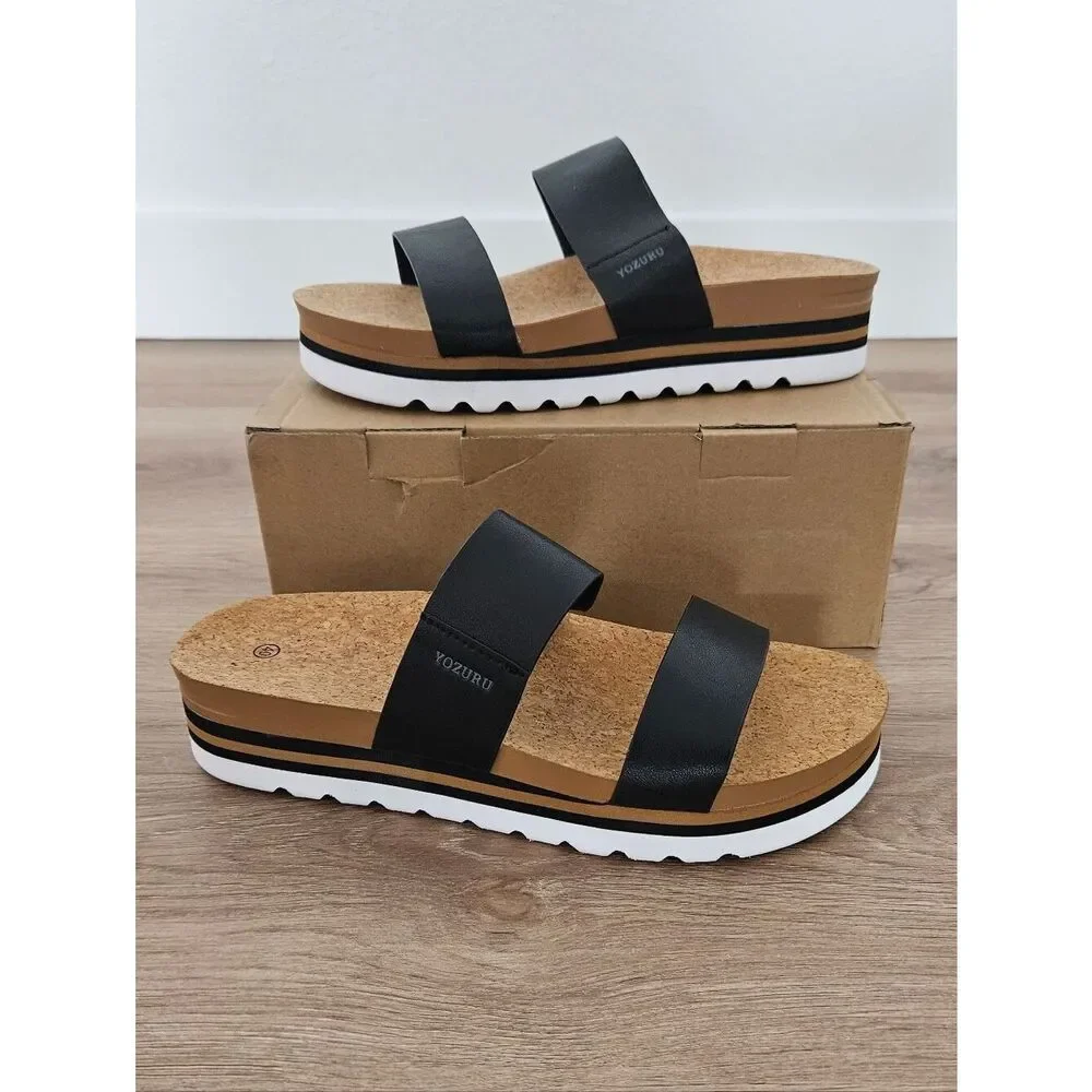 Yozuru Black Doubke Strap Cork Platform Slide Sandals Size 9.5